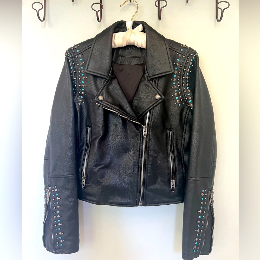 BlankNYC Faux Leather Biker Jacket S with Metal Studs and Turquoise
